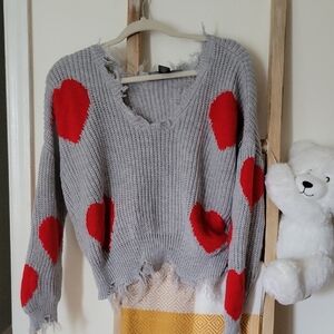 Red and Gray V-Neck Heart Sweater